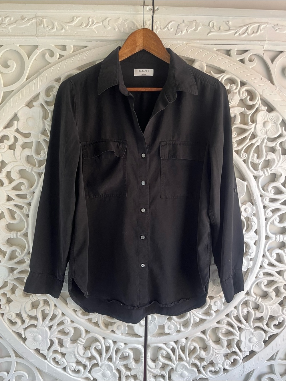 Babaton Aritzia Black 100% Lyocell Utility Button Up Shirt Size Small